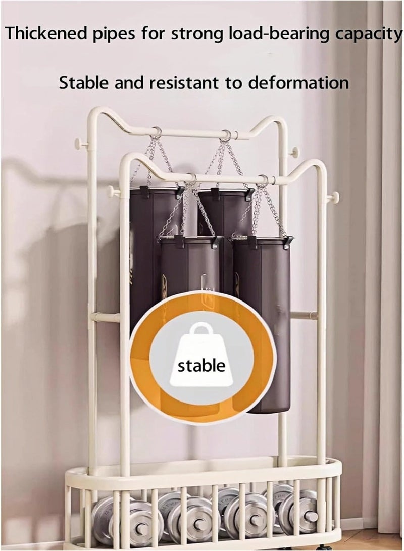 رف ملابس متين ذو عمودين مزود بعجلات قابلة للقفل، وتصميم خطاف على شكل أذن قطة، وسلة معدنية؛ مناسب لغرف النوم وغرف المعيشة والمساحات التجارية. - Image 5